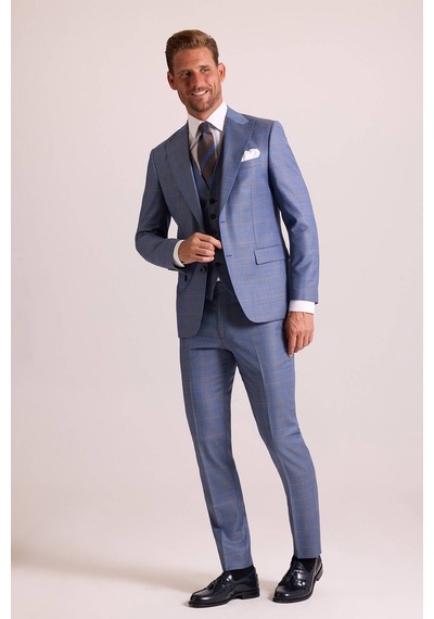 Erkek Mavi Slim Fit Sivri Yaka Yelekli Yün Takım Elbise