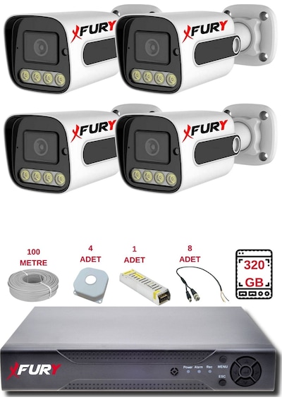 Fury 4 Kameralı Set Full Hd Gece Renkli Görüş-cepten İzle-su Geçirmez Güvenlik Kamerası Seti 320gb