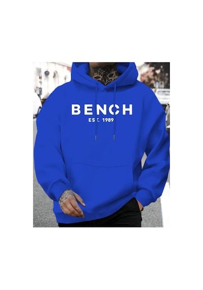 Herkesemoda Bench Yazı Detaylı İçi Polarlı Kapüşonlu Sweatshirt Mavi