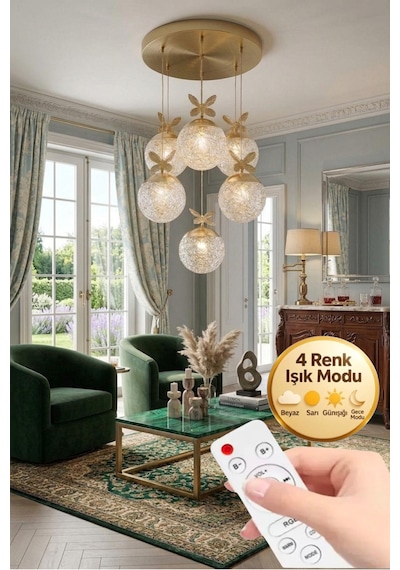 LumiaLighting Küre Model 6"lı Kumandalı Gold 3 Renk Modu Ledli Kristal Taşlı Modern Salon Mutfak Oturma Odası Led Avize