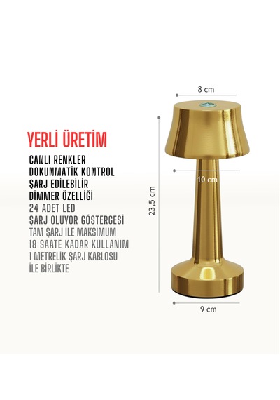 Zenlight Metal Dokunmatik Şarjlı Masa Lambası Altın