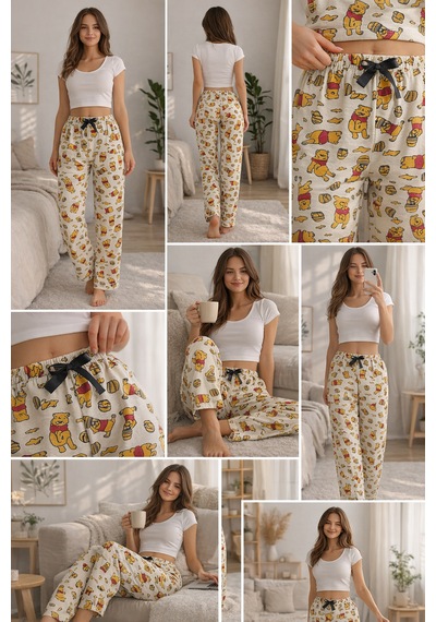 Kadın Desenli Pijama Altı Rahat Kesim Lastikli Ev Giyim Pantolonu Krem