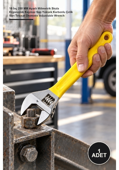1 Adet Kurbağacık Anahtar 10 İnç 250 Mm Ayarlı Milimetrik Skala Ergonomik Kaymaz Sap Yüksek Karbonlu Çelik Sarı Tesisat Otomotiv Adjustable Wrench