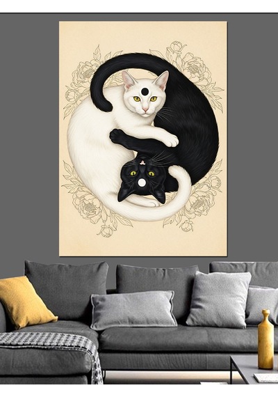 Ahşap Tablo Yin Yang Kedi Felsefesi Çocuk Odası Tabloları