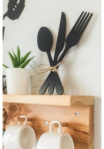 3'lü Dekoratif Ahşap Çatal-kaşık-bıçak Seti Mutfak, Kahve Köşesi, Dolap, Raf, Askı Süsü 19 Cm