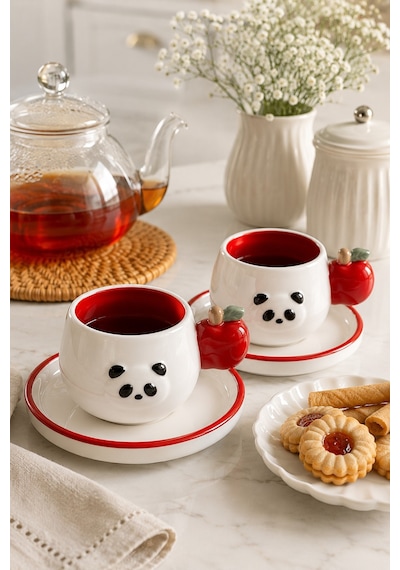 Panda Desenli Kiraz Kulplu 2'li Kahve Fincanı 140 Ml Beyaz