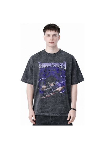 Shadow Monarch Ashborn Solo Leveling Anime Baskılı Unisex Oversiz Siyah