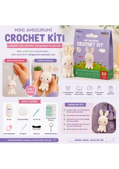 Bakgelal Mini Amigurumi Tavşan Yapım Kiti Anahtarlık Veya Amigurumi Oyunca, Türkçe Video Anlatımlı