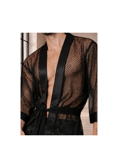 Qmen Style Erkek Kimono Takımı - 3 Lü File Set Bornoz + Pantolon + Şort Siyah