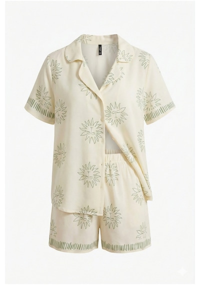 Mint Aura Desenli Viskon Şortlu Dokuma Pijama Takımı Ekru