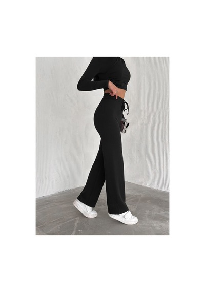 Dechival Kadın Bol Paça Fitilli Pantolon Yazlık Wide Leg Eşofman Altı Siyah
