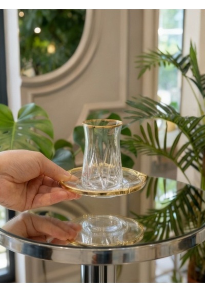 Elta Collection 12 Parça 6 Kişilik Kristal Kesim Çay Takımı Cam Çay Bardağı Ve Tabak Seti Altın