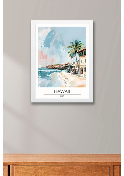 Abd Hawaii Temalı Çerçeveli Tablo Travel Serisi Modern İllüstrasyon Tropikal Duvar Dekoru Beyaz