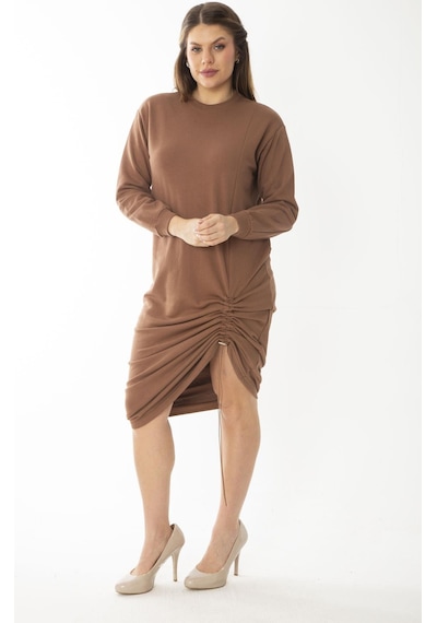 Şans Kadın Büyük Beden Kemik Eteği Lastik Büzmeli Sweatshirt Elbise 65n37082-taba Taba