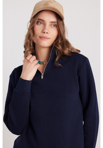 Tudors Kadın Relax Fit Rahat Kesim Pamuklu İçi Polarlı Yarım Fermuarlı Lacivert Dik Yaka Sweatshirt-37891 Lacivert
