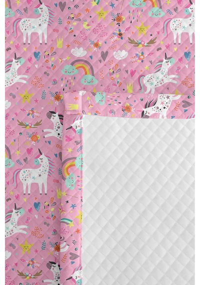 Evimde Bambaşka Pembe Unicorn Kız Çocuk Pike Takımı - Gökkuşağı Pastel Beyaz Bebek Odası Yatak Örtüsü - 160x220  CM