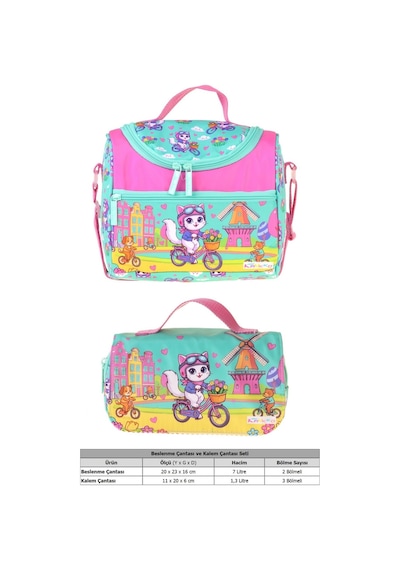 Kaukko Kids Kız Çocuk Bisikletli Kedi Baskılı Yeşil - Pembe Thermo Beslenme Çantası Ve Kalemlik Seti - Setkk-l5329 Kaukko Kids Kız Çocuk Bisikletli Kedi Baskılı Yeşil - Pembe Thermo Beslenme Çantası Ve Kalemlik Seti - Setkk-l5329