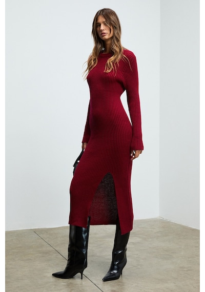 Grımelange Soreya Kadın Yuvarlak Yaka Çizgi Desenli Yırtmaçlı Slim Fit Triko Bordo Elbise Bordo