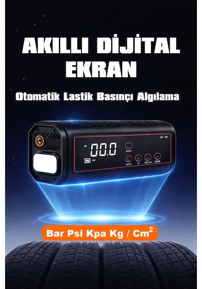 Ht15 2 Fonksiyonlu Akü Takviye & Hava Kompresörü 12v 150 Psı Dijital Lastik Pompası Powerbank Özellikli 0 - 150 Psı 0 - 10 Bar