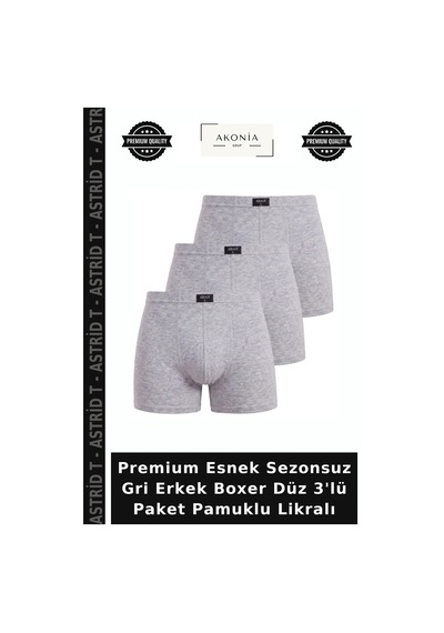 Astrid T Premium Esnek Sezonsuz Gri Erkek Boxer Düz 3'lü Paket Pamuklu Likralı