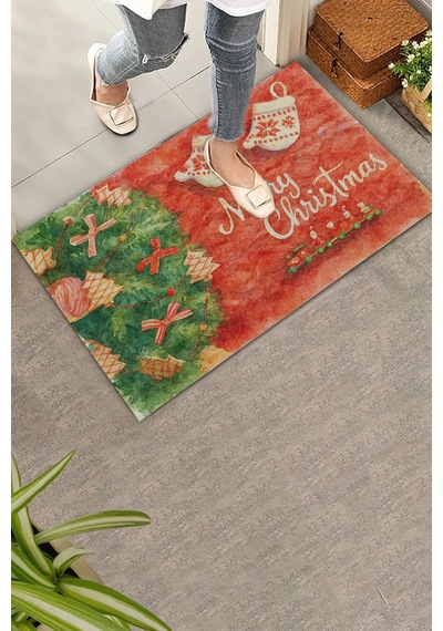 Valerine Life Yılbaşı Noel Çam Ağacı Eldivenli Kırmızı Welcome Hoş Geldiniz Kapı Önü Paspası 45x70cm Kahverengi