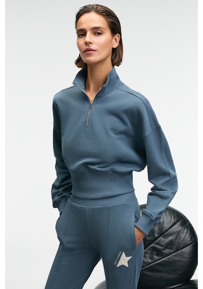 Grımelange THALIA Kadın Arka Baskılı Ve Patch Detaylı Fermuarlı Dik Yakalı Petrol Mavisi Sweatshirt