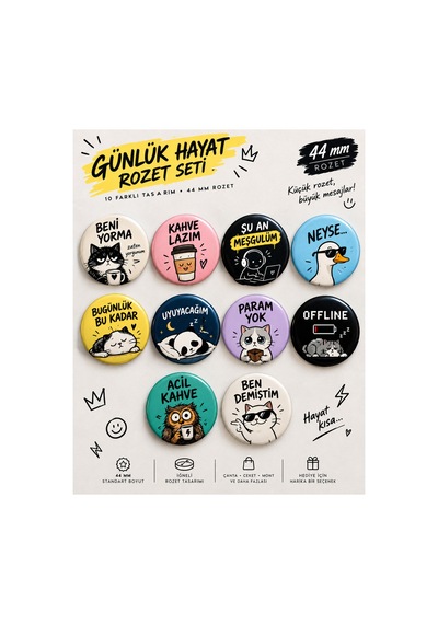 44 Mm Komik Rozet Seti 10'lu Çanta Ceket Süsleme Rozeti Eğlenceli İğneli Rozet Diğer