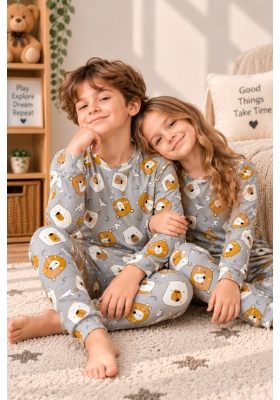 Free Beka Sevimli Desenli Bisiklet Yaka %100 Pamuklu İnterlok Kumaş Kız Ve Erkek Çocuk Uzun Kollu Pijama Takımı Gri
