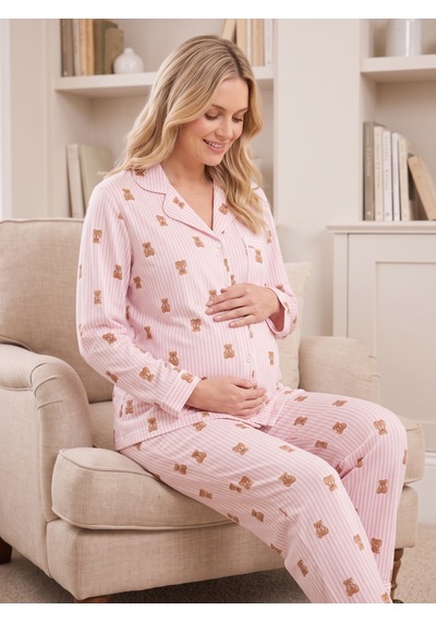 Likapa İnterlok Düğmeli Hamile Lohusa Uzun Kol Pijama Takımı 1354-01 Ayıcık Desen