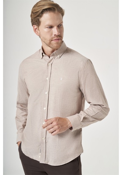 İmza Bej-beyaz Düğmeli Yaka Oxford Slim Fit Pamuklu Gömlek 1004265124 K.bej - Beyaz