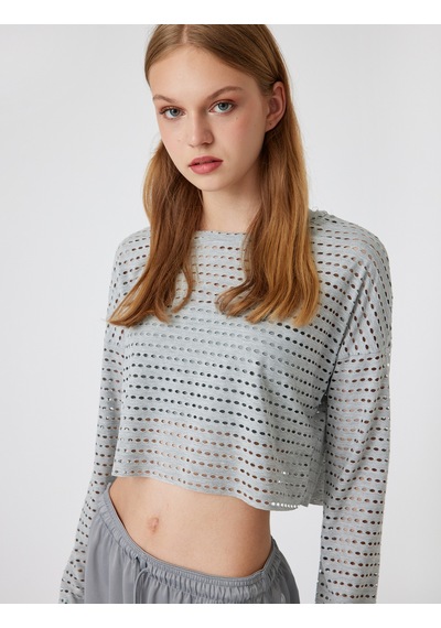Koton Oversize Crop Spor Tişört Bisiklet Yaka Ajurlu Uzun Kollu Gri 5wak10136nk Gri