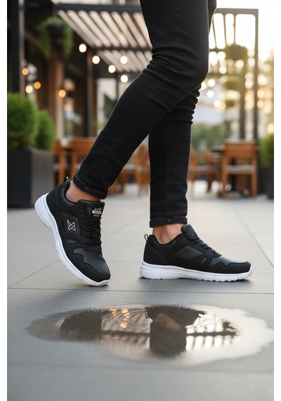 Enoch Unisex Yüksek Tabanlı Bağcıklı Yürüyüş Ve Koşu Spor Ayakkabı Günlük Sneaker Siyah - Beyaz