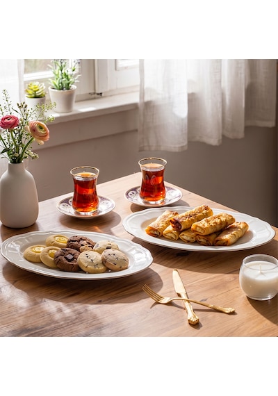 Porsima 4446 Tiffany Porselen Platin Fileli Kayık Tabak Seti - Oval Kahvaltılık Sunumluk Seti 30cm Beyaz