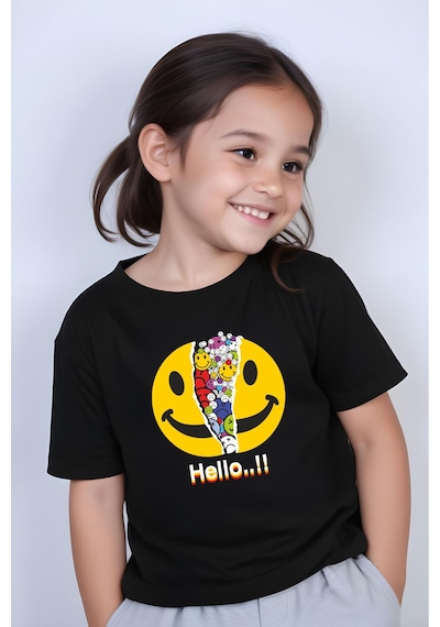Panios Kids Emoji Baskılı Kız Çocuk Kısa Kollu T-shirt Siyah