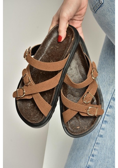 Fox Shoes Y250502502 Taba Süet Tokalı Kadın Terlik Taba