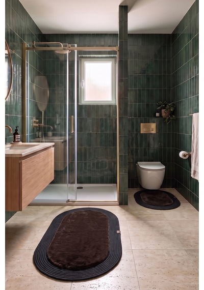 Banyo Paspası Takımı 60x100+40x60 Cm Düz Acı Kahve & Siyah
