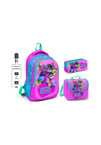 Coral High Kız Çocuk Pembe Sevimli Kedi 3'lü Çanta Takımı - Usb S
