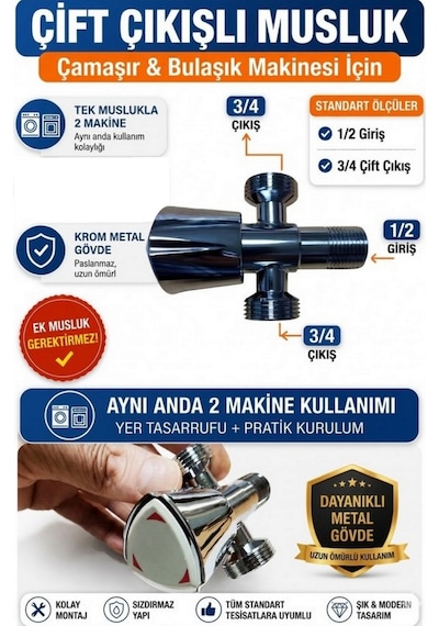 2 Çıkışlı Çift Su Girişli Çamaşır Ve Bulaşık Makine Musluğu Taharet Musluğu Taksimat Musluk