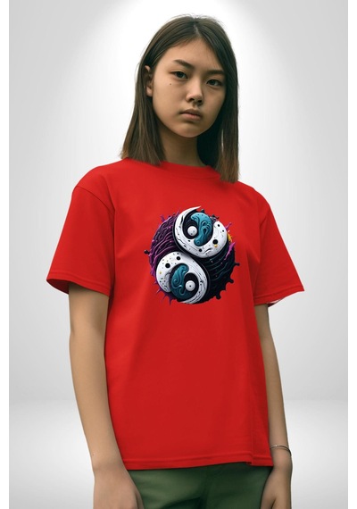 Renkli Yin İle Yang Kuramı Pamuklu Bisiklet Yaka Unisex Oversize Boyfriend Dijital Baskılı Kırmızı T-shirt Kırmızı