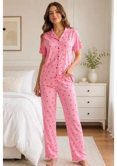 Findit Pembe Kiraz Desenli Kısa Kollu Gömlek Yaka Milan Kumaş Kadın Pijama Takımı