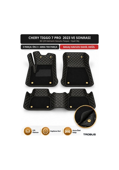 Chery Tiggo 7 Pro 2023+ Uyumlu 8d Çift Katmanlı Havuzlu Paspas Kapitone Deri Siyah Bej