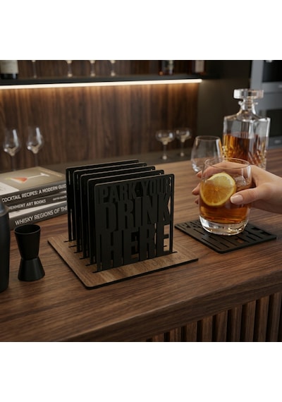 Doalino Premium Ahşap Bardak Altlığı Seti 6'lı Stantlı Park Your Drink Here Siyah