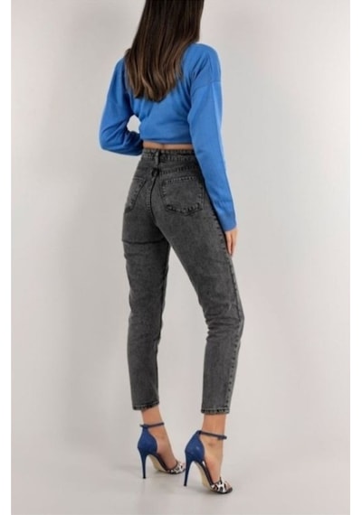 Trendy Kadın Füme Yüksek Bel Yumuşak Dokunuşlu Rahat Kesim Mom Jean Kot Pantolon