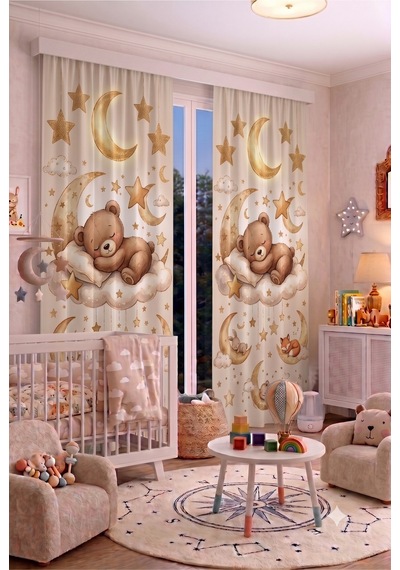 Bebek Çocuk Odası Fon Perdesi 100 X 250 Cm 1 Kanat Sevimli Desenli Dekoratif Dijital Baskılı Premium Çocuk Odası Perdesi