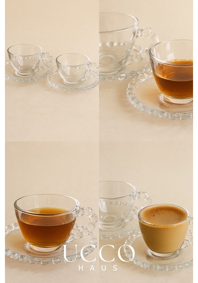 2'li Cam Fincan Seti 2 Bardak + 2 Tabak Kahve Fincanı Çay Fincanı Şık Kahve Ve Çay Sunum Bardağı Şeffaf