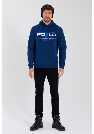 Polostate Erkek Kapüşonlu Baskılı 3 İplik Sweatshirt İndigo