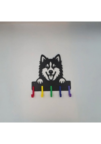 Husky Köpek Figürlü Dekoratif Renkli Anahtarlık Ve Duvar Askılığı - 3d Yazıcı Baskı - 21x22 Cm