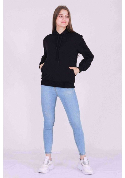 Siyah Basic Oversize Kadın Kapüşonlu Hoodie 3 Iplik Sweatshirt