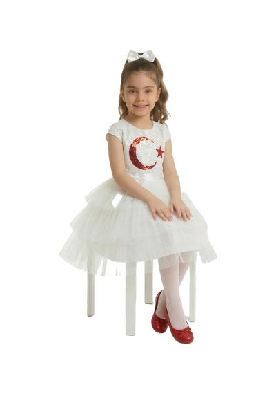 Mnk Baby & Kids Ay Yıldız Motifli Kız Çocuk 23 Nisan Elbisesi M00813 Beyaz