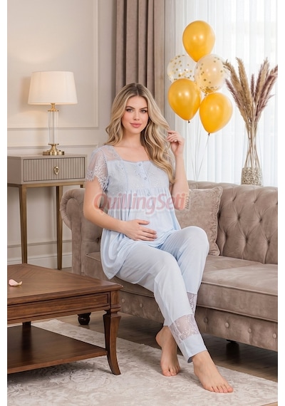Quilling Lady Mavi Renkli, Derin Patlı, Dantel Detaylı 33002 Sabahlıklı 3lü Lohusa Hamile Pijama Takımı Açık Mavi M - L